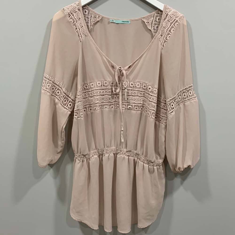 Maurice’s Boho Crochet 3/4 Bell Balloon Sleeve Tassel Fit and Flare Top Blouse